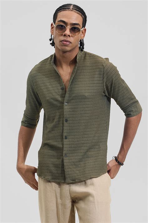 Buy Men's Olive Textured Mandarin Shirt Online | Snitch – SNITCH