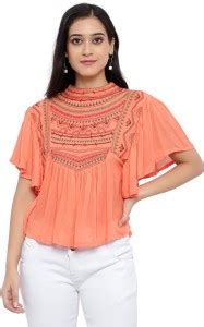 RIGHT CHOICE Casual Half Sleeve Embroidered Women Orange Top - Buy ...