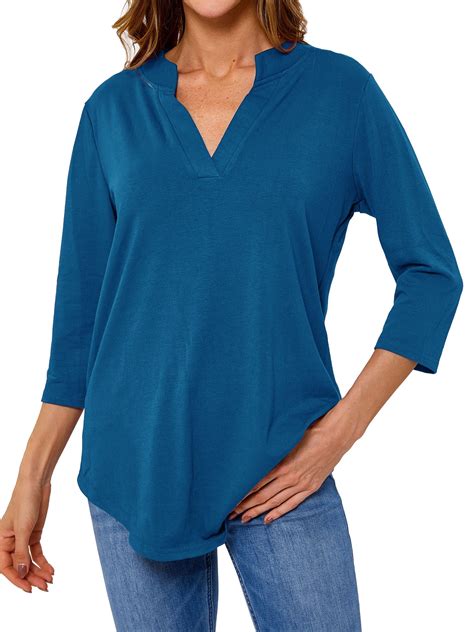 Women Solid Color V Neck 3/4 Sleeve Top - Walmart.com
