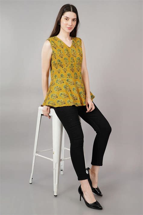 Mustard Ajrak Print Slim Fit Top