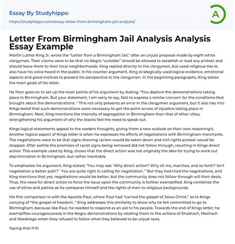 Letter From Birmingham Jail Analysis Analysis Essay Example ...