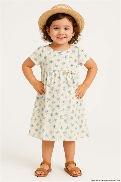 "Baby Girls' Floral Printed Cotton A-Line Dress – Cream with Blue Flow ...