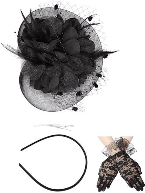 One Set Black Lace Gloves And Women Fascinator Hats Mesh Flower Feather ...