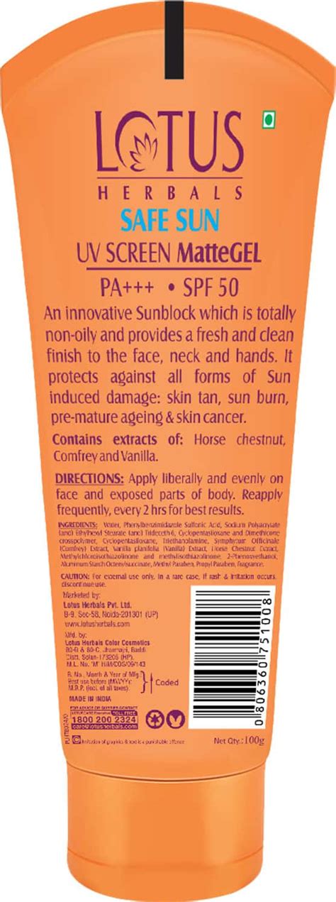Buy LOTUS HERBALS SAFE SUN UV SCREEN MATTEGEL PA+++ SPF-50 100 GM ...