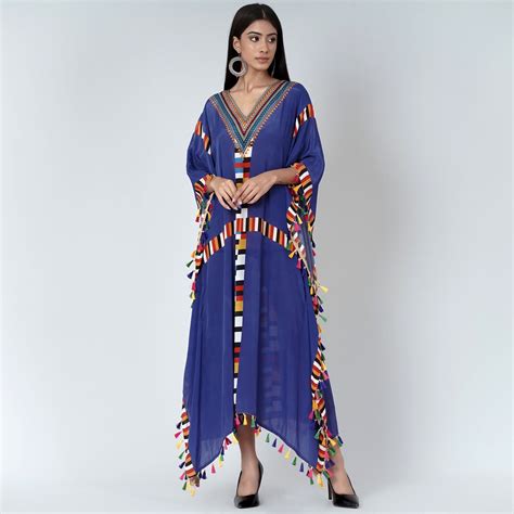 Navy Blue Geometric Mid Length Kaftan with Lace – First Resort by ...