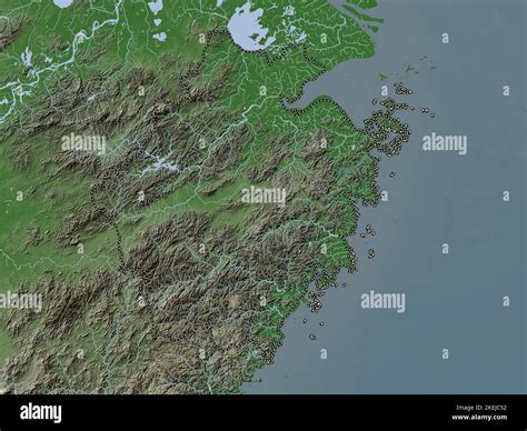 Zhejiang, province of China. Elevation map colored in wiki style with lakes and rivers Stock ...