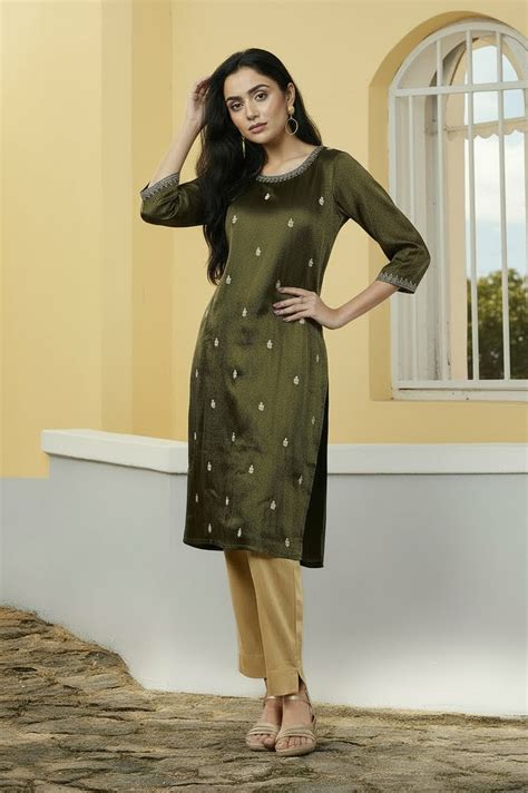 Buy Black Viscose Tissue Straight Kurta with Embellished Neckline ...