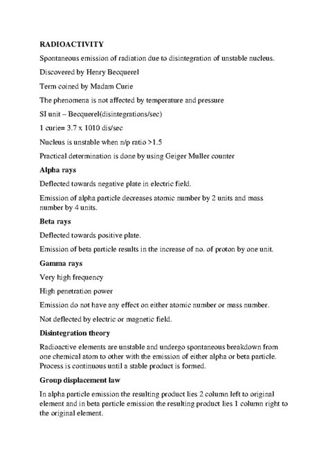 Chemistry Radioactivity Notes - Key Concepts and Definitions - Studocu