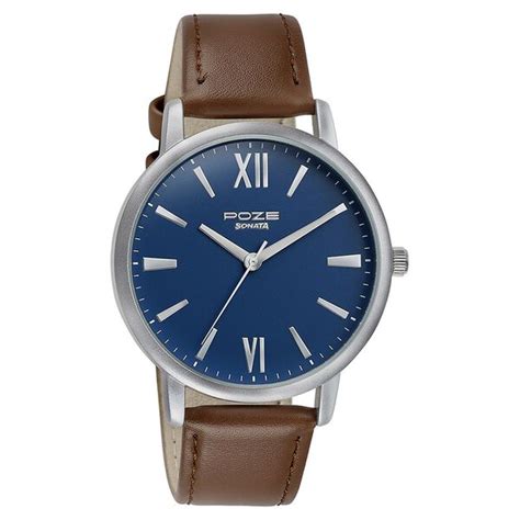 Buy Online Sonata Poze Quartz Analog Blue Dial Brown Leather Strap ...