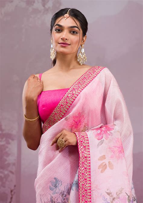 Buy Baby Pink Printed Georgette Saree - Koskii