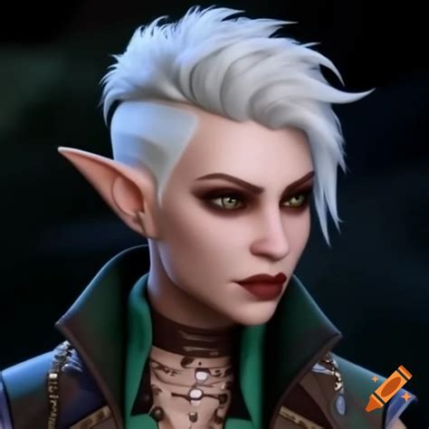 Half-elf bard with platinum blonde pixie haircut in punk rock clothing ...