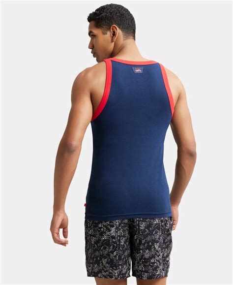 Buy Super Combed Cotton Rib Square Neck Gym Vest - Navy & Red Pepper ...