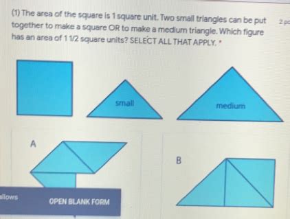 Solved: (1) The area of the square is 1 square unit. Two small ...