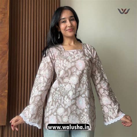 Beige Floral Printed Bell Sleeve Short Kurti – Walusha