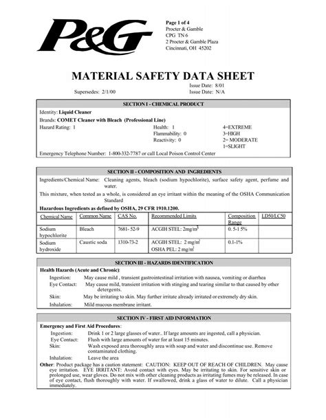 Material Safety Data Sheet Zonrox Bleach at Lori Faul blog