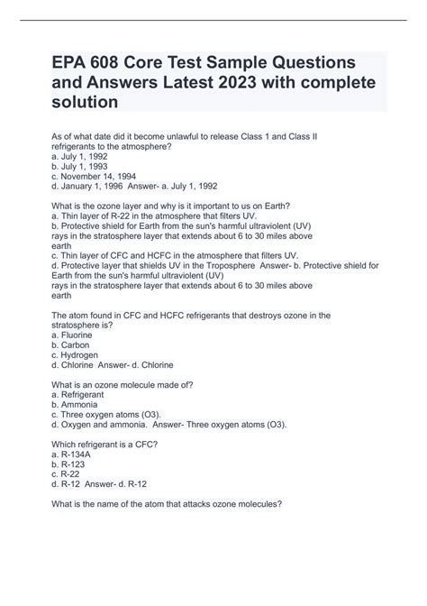 EPA 608 Core Test Sample Questions and Answers Latest 2023 with ...