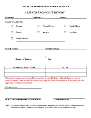 Fillable Online pearsallisd ABSENCE FROM DUTY REPORT - Pearsall ...