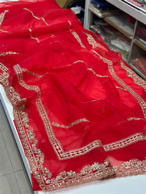 Red Organza Hand Embroidery Pita Saree