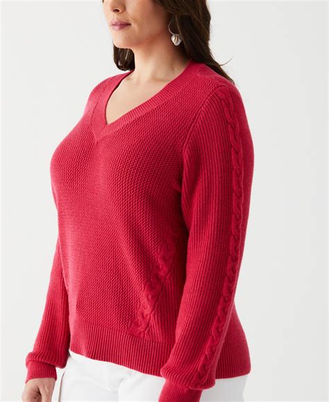 Women's Plus Size Cable Knit V-Neck Sweater | Rafaella