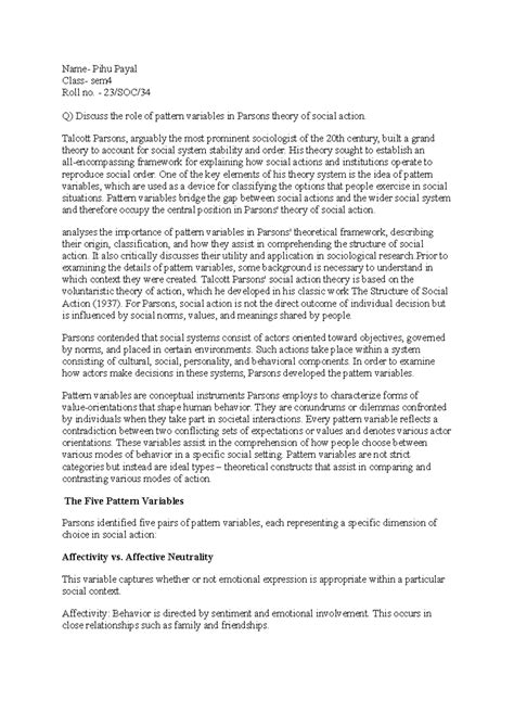 Parsons' Pattern Variables in Social Action Theory - Sem 4 Analysis ...