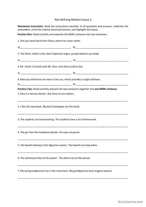 Defining and Non Defining Relative Clauses Worksheet 的图像结果