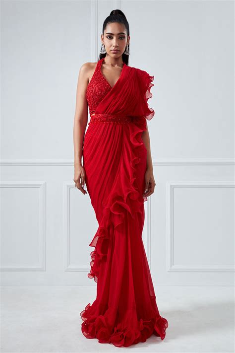 Red Embroidered Ruffle Saree Set – House Of Exotique