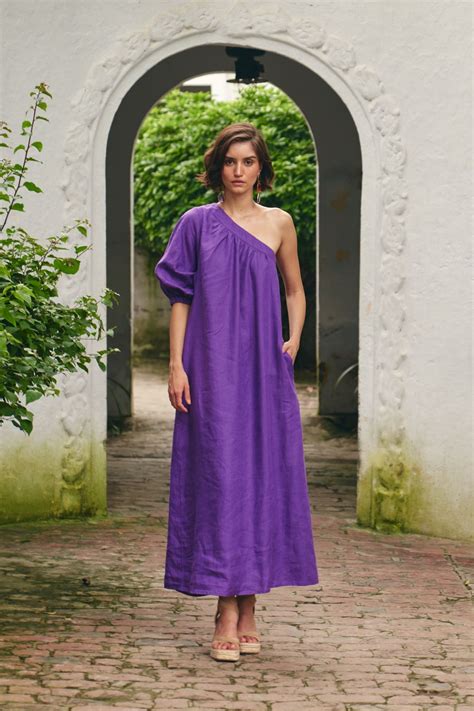 FLORENTINA SOLID PURPLE LINEN FULLY LINED ONE SIDE SHOULDER MIDI LENGTH ...