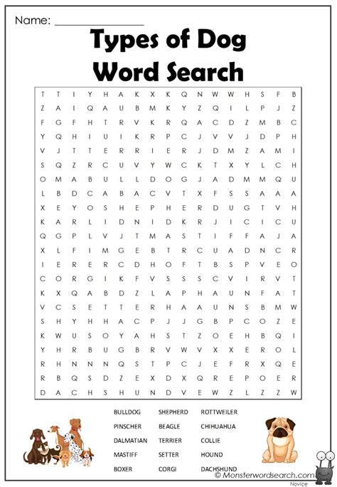 Types of Dog Word Search- Monster Word Search
