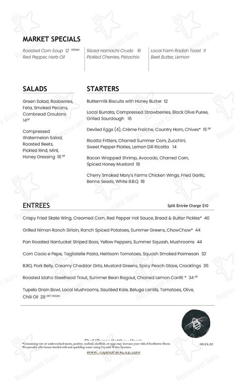 Menu at tupelo Park City restaurant, Park City