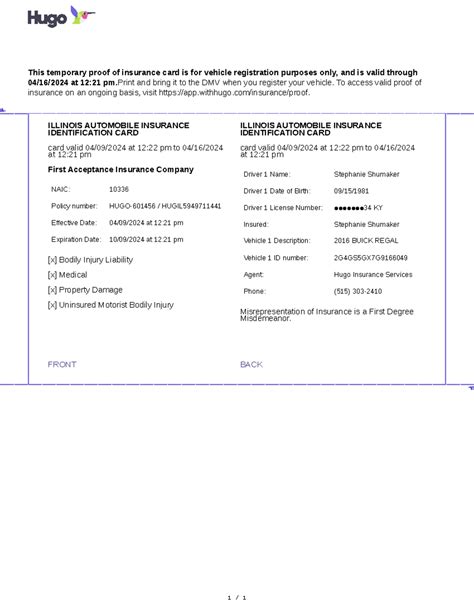 Hugo Temporary Proof of Insurance - Proof of Insurance 1 / 1 ILLINOIS ...