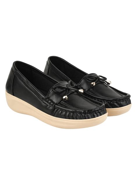 Buy Shoetopia Upper Bow Detailed Black Slip-On Loafers for Women ...