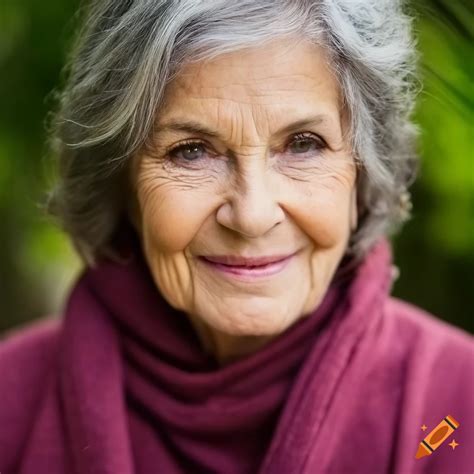 Portrait of a serious 70-year-old woman with brown hair and blue eyes ...