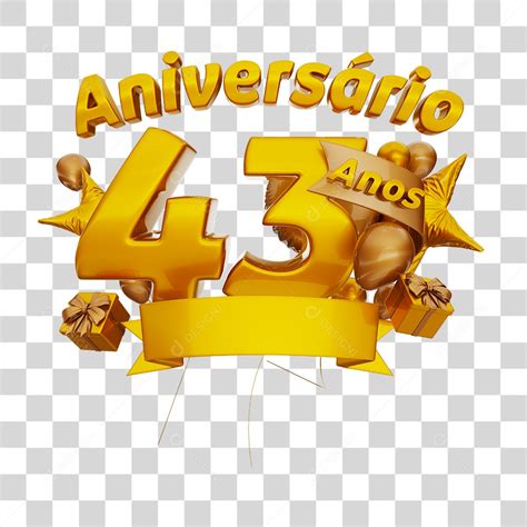 Aniversário 43 Anos Selo 3D Dourado com Fita e Balões Dourado para ...