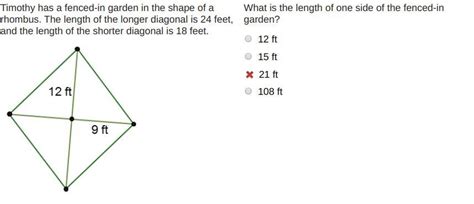 Timothy has a fenced-in garden in the shape of a rhombus. The length of ...
