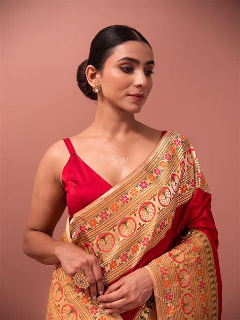 Red Paithani Katan Silk Handloom Banarasi Saree - Sacred Weaves