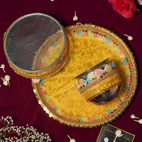 Buy Stunning Yellow Karwa Chauth Thali Set Online in India - karvachauth