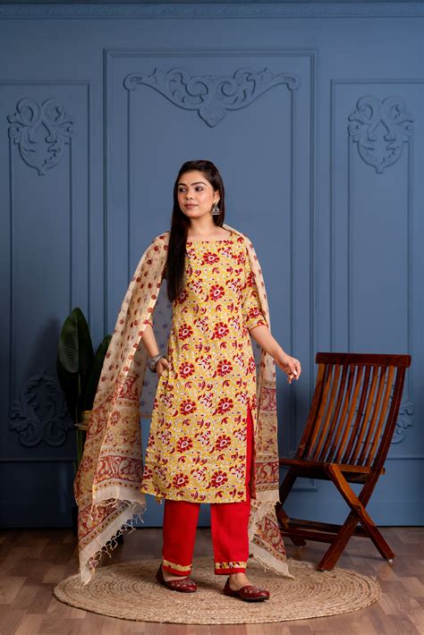 Barsa ( yellow)- handblocked printed cotton suit set in yellow and red ...