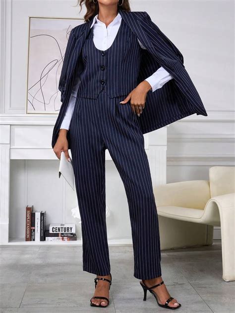 SHEIN Clasi Women's Striped Single Breasted Vest And Pants Suit, Office ...