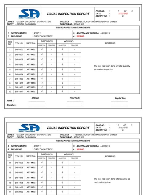 Image result for Visual Inspection Report Form