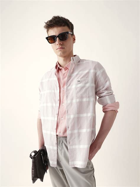 Shop Light Pink Woven Windowpane Check Slim Fit Casual Shirt Online ...