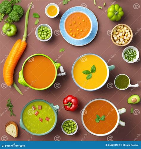 Various Types of Soup in Bowls. Culinary Collage with Dishes, Soups and ...