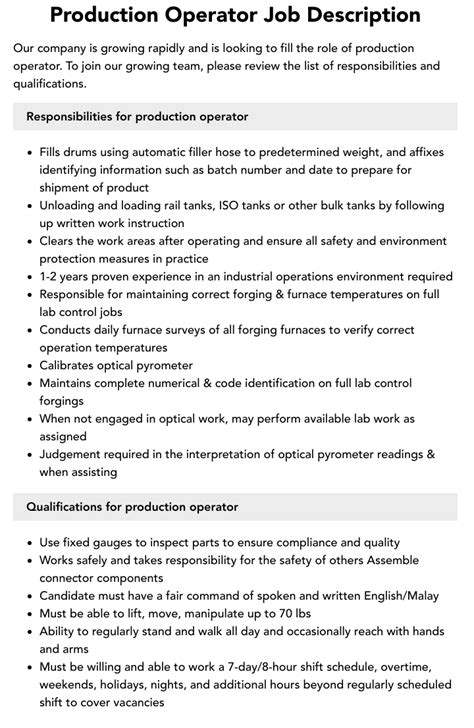 Image result for Job Description Production Operator Example