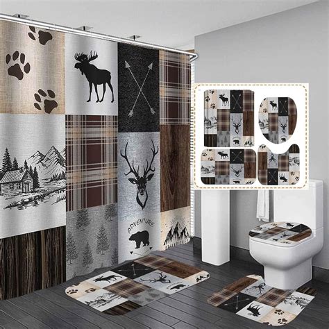 4PCS Deer Antler Shower Curtain Set with Rugs, Green Pine Tree Misty ...
