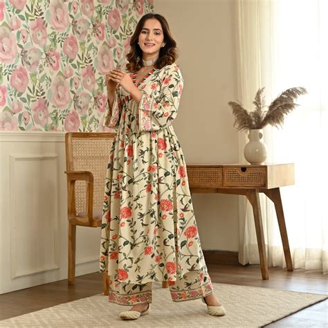 Buy Cream Front Gathered Kurta Pant Co-ord Set | Rustorange