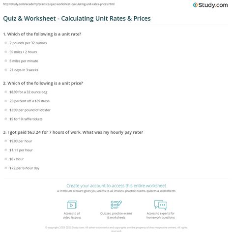 Quiz & Worksheet - Calculating Unit Rates & Prices | Study.com