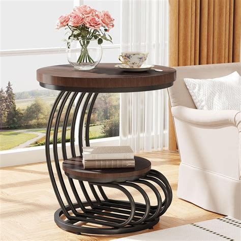 Tribesigns 2-Tier Round End Table, Rustic Brown Side Table with Storage ...