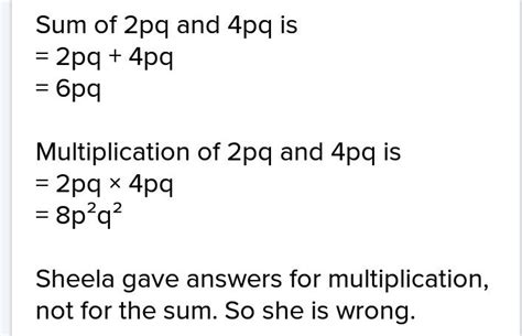 sheela says the sum of 2pq and 4pq is 8p square q square is she right ...