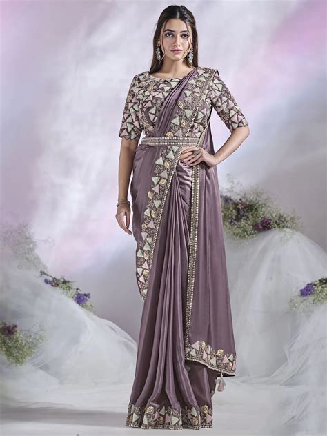 ⚡️Buy Fantastic Dusty Purple Sequins Satin Ready To Wear Saree With ...