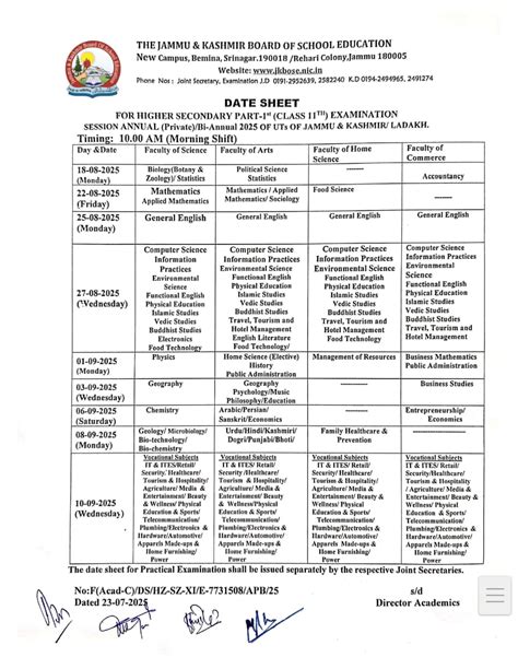 JKBOSE Class 11th Date Sheet 2025 (Private/Bi-Annual) – OUT!