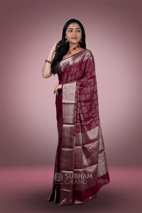 Georgette silver self weaving work saree – SUBHAM GRAND